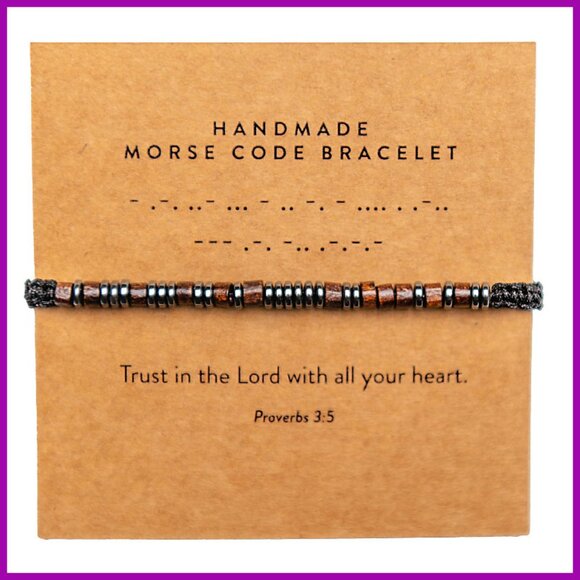 Handmade Adjustable Morse Code Bracelet Wood Hematite Beads Religious Gift - Picture 1 of 7